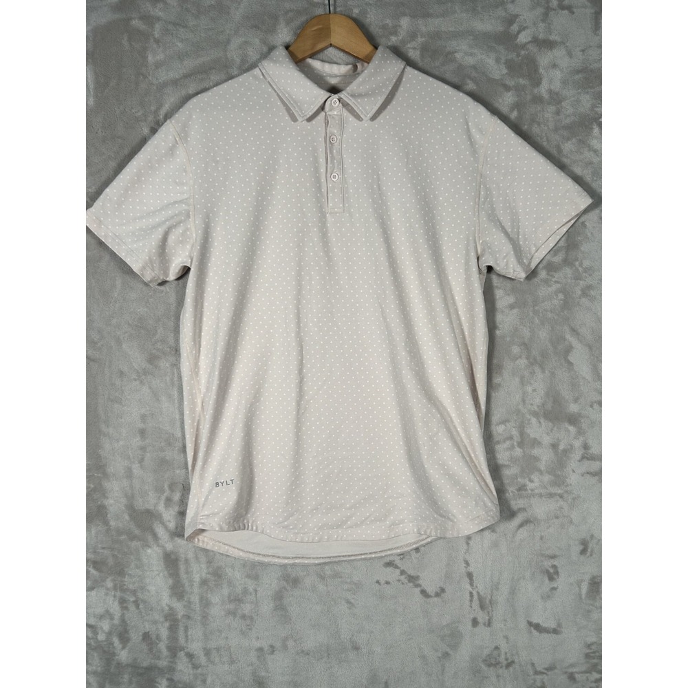 BYLT Mens Lux Polo Shirt L Pink Polka Dot Drop Cut Short Sleeve Premium Basics